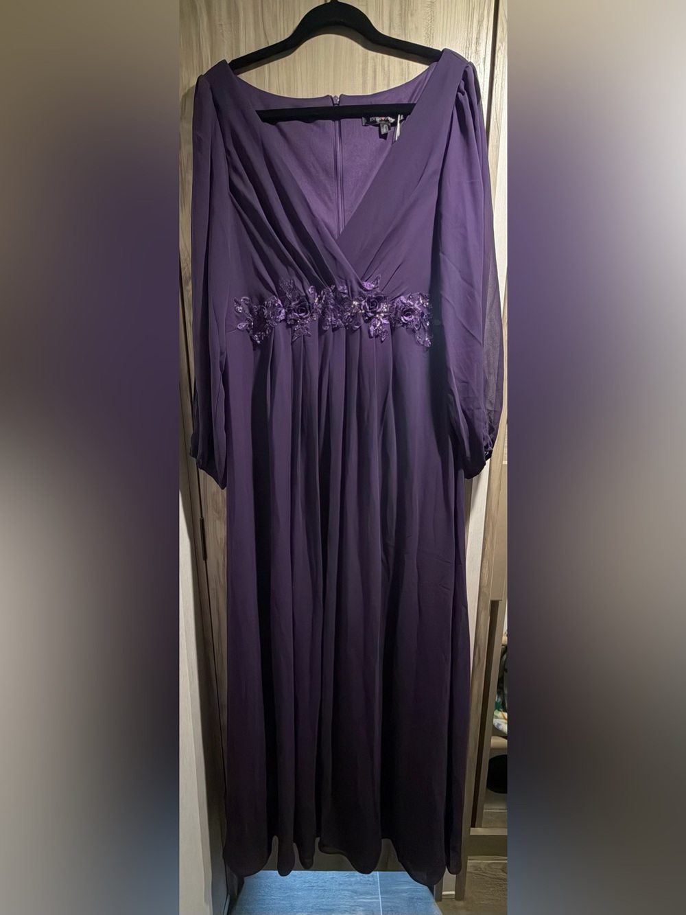 Elegant Purple V-Neck Evening Dress with Sheer Sleeve Detail